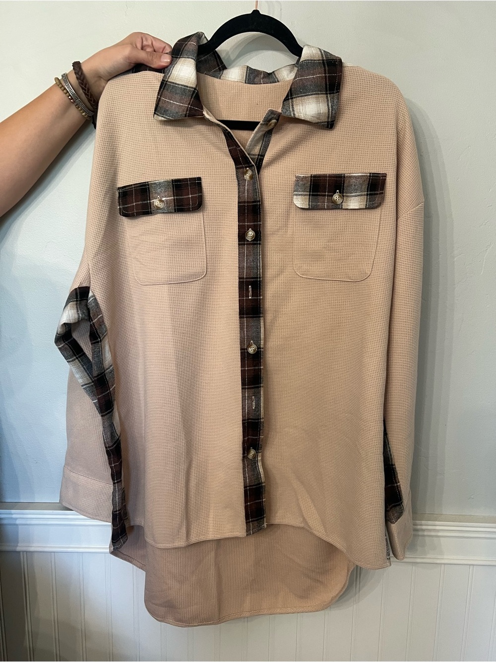 Women’s Beige Waffle Knit Shirt with Plaid Trim